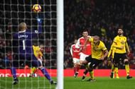 LONDON, ENGLAND - JANUARY 31: Lucas Perez of Arsenal hits the bar during the Premier League match between Arsenal and Watford at Emirates Stadium on January 31, 2017 in London, England.  (Photo by Mike Hewitt/Getty Images)